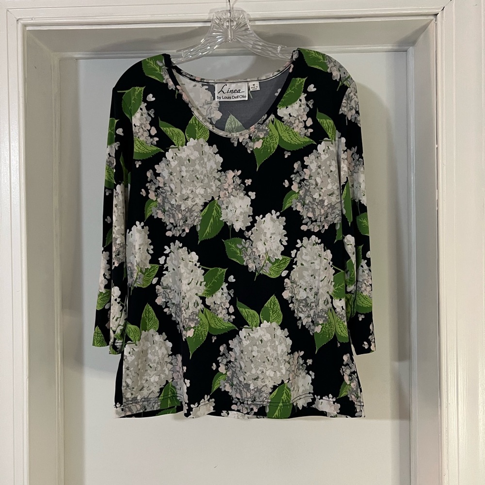 Linea by Louis Dell'Olio Womens Scoopneck Navy Floral Hydrangeas Blouse Size M